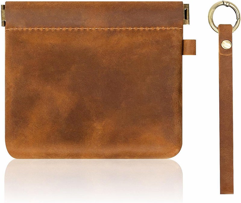 Aesthestyle Leather Coin Purse with Wristlet, Coin Pouch with Dual Interlayer, Card and Change Holder, Easy Clip on without Zipper, Squeeze Coin Wallet, Handmade Genuine Leather Wallet For Men/Women - Image 1